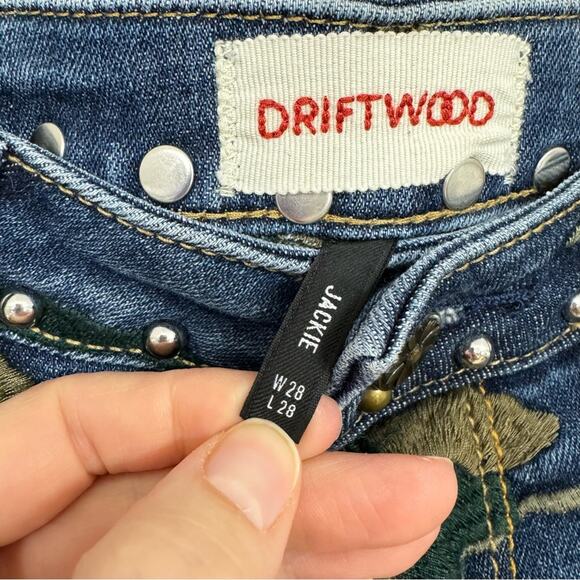 Driftwood High Rise Camo Embroidered Studded Raw Hem Blue Jeans Womens 28 Jackie - Picture 6 of 10